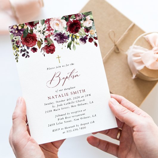 Burgundy Flowers, Pink Flowers, Floral Baptism 招待状