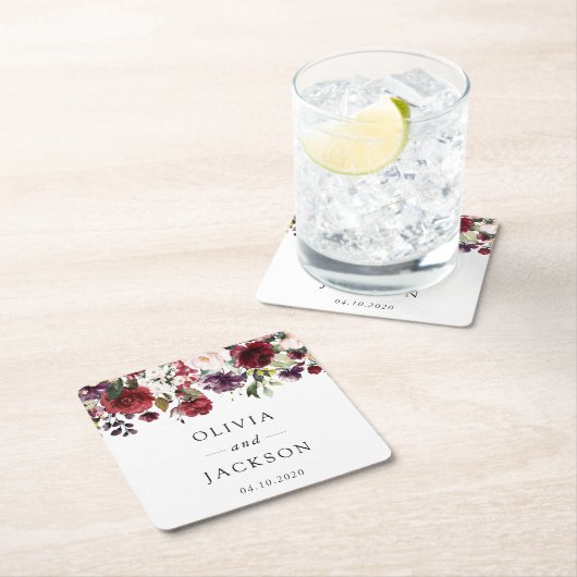 Burgundy Flowers, Pink Flowers, Greenery, Wedding スクエアペーパーコースター (インサイチュ)