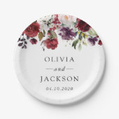 Burgundy Flowers, Pink Flowers, Greenery, Wedding ペーパープレート (正面)