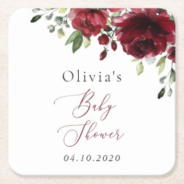 Burgundy Flowers, Red Flowers, Boho, Baby Shower スクエアペーパーコースター