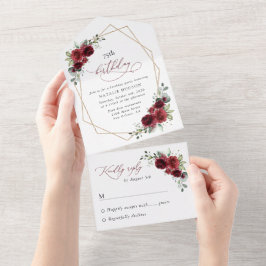 Burgundy Flowers, Red Flowers, Boho, Birthday オールインワン招待状