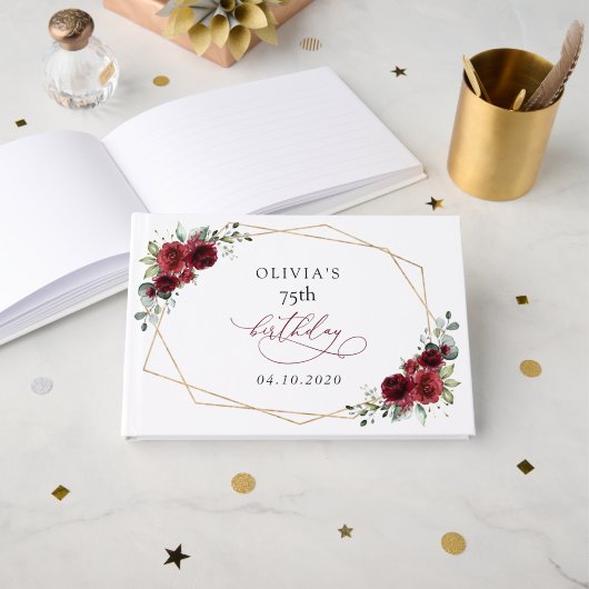 Burgundy Flowers, Red Flowers, Boho, Birthday ゲストブック (正面見開き)