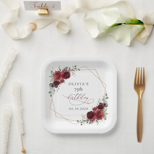 Burgundy Flowers, Red Flowers, Boho, Birthday ペーパープレート (ウェディング)