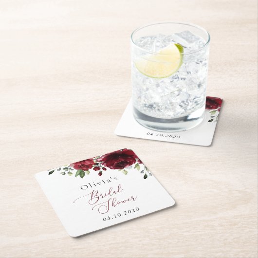 Burgundy Flowers, Red Flowers, Boho, Bridal Shower スクエアペーパーコースター (インサイチュ)