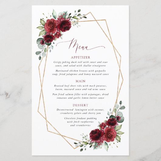 Burgundy Flowers, Red Flowers, Bridal Shower Menu (正面)