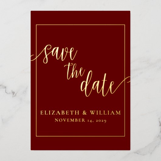 Burgundy Foilの発表の日付を結婚保存する 箔招待状 (正面)