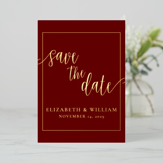 Burgundy Foilの発表の日付を結婚保存する 箔招待状 (立ち正面)
