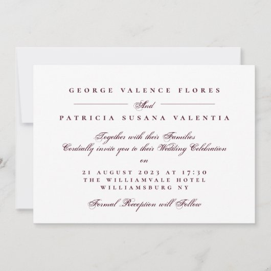 Burgundy Formal Script Wedding 招待状 (正面)