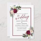 Burgundy Frameフローラ緑の書道結婚の 招待状 (正面)
