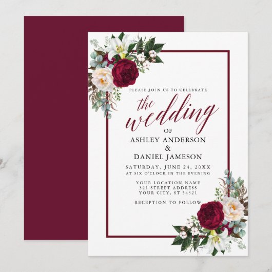Burgundy Frameフローラ緑の書道結婚の 招待状 (正面/裏面)