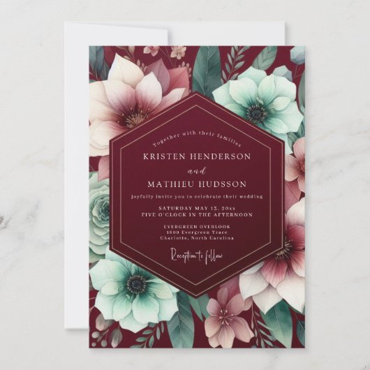 Burgundy Gilded Bloom Wedding 招待状 (正面)