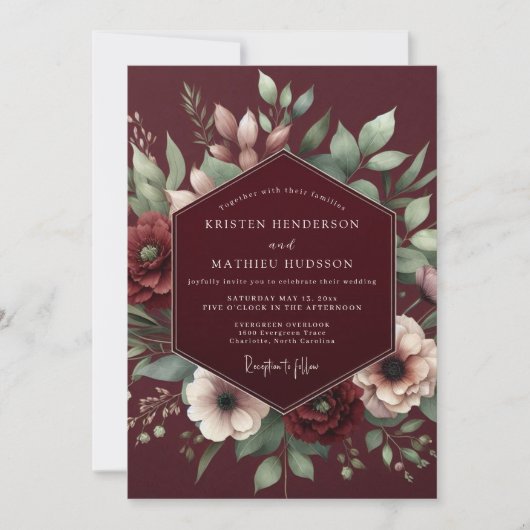 Burgundy Gilded Blossom Romance Wedding 招待状 (正面)