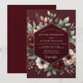 Burgundy Gilded Blossom Romance Wedding 招待状 (正面/裏面)