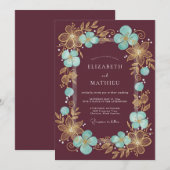 Burgundy Gilded Blossom Romantic Wedding 招待状 (正面/裏面)