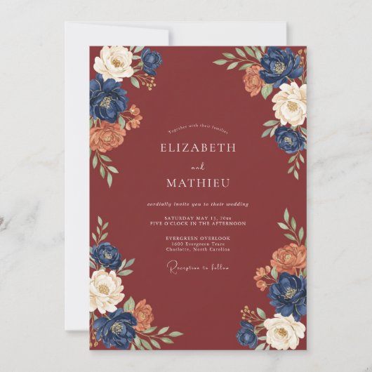 Burgundy Gilded Blossom Wedding 招待状 (正面)