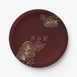 Burgundy & Gilded Floral Elegant Wedding ペーパープレート