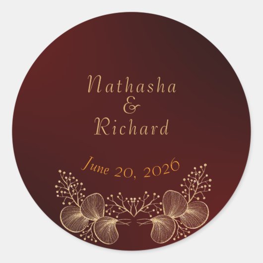 Burgundy & Gilded Floral Elegant Wedding ラウンドシール (正面)