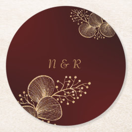 Burgundy & Gilded Floral Elegant Wedding ラウンドペーパーコースター