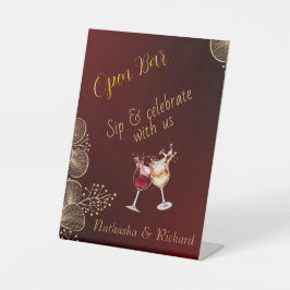 Burgundy & Gilded Floral Elegant Wedding Open Bar 台座サイン