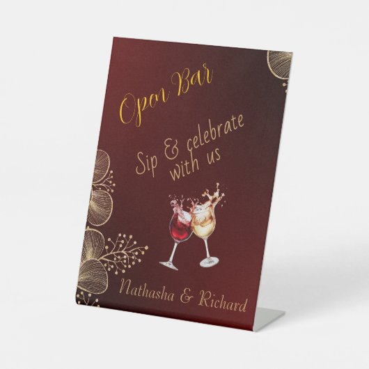 Burgundy & Gilded Floral Elegant Wedding Open Bar 台座サイン (正面)