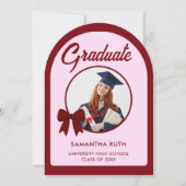 Burgundy Gingham Bow Arch Photo Graduation Party 招待状 (正面)