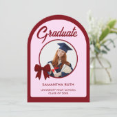 Burgundy Gingham Bow Arch Photo Graduation Party 招待状 (スタンド正面)