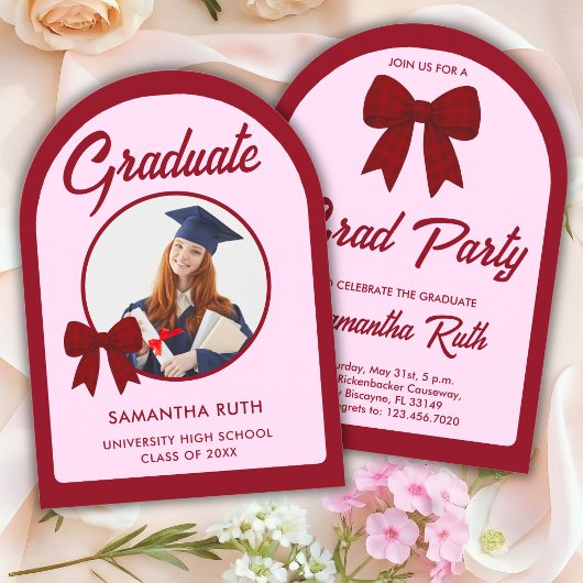 Burgundy Gingham Bow Arch Photo Graduation Party 招待状