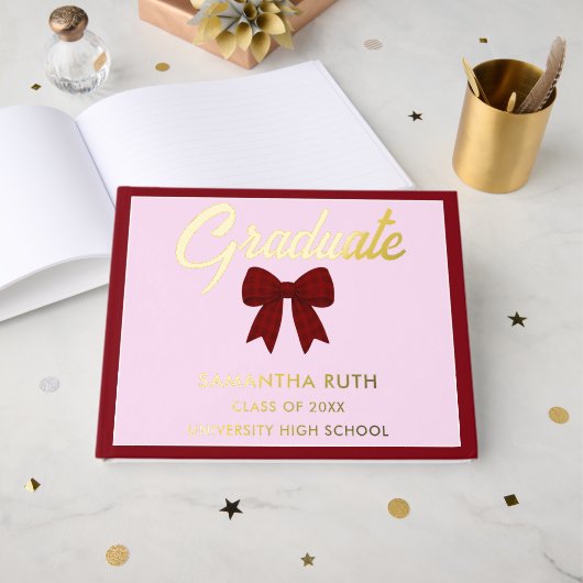 Burgundy Gingham Bow Graduation Party ゲストブック (正面見開き)