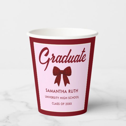 Burgundy Gingham Bow Graduation Party Paper Cups 紙コップ (正面)