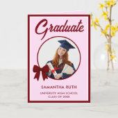 Burgundy Gingham Bow Photo Graduation  カード (黄色い花)