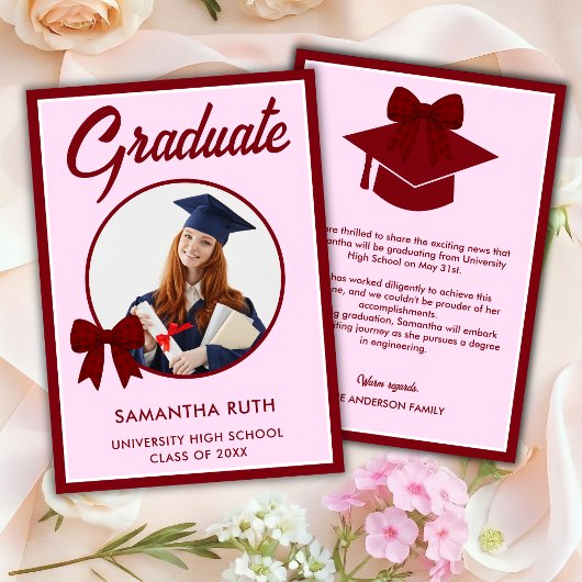 Burgundy Gingham Bow Photo Graduation Announcement 案内状