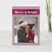 Burgundy Gingham Christmas Photo Merry and Bright  シーズンカード (正面)