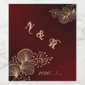 Burgundy & Glided Floral Elegant Wedding ワインラベル (シングルラベル)