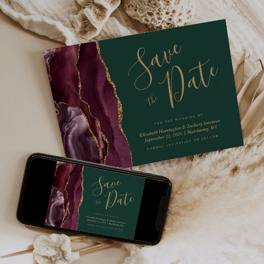 Burgundy Gold Agate Green Save the Date Card 招待状