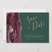 Burgundy Gold Agate Green Save the Date Card 招待状 (正面)