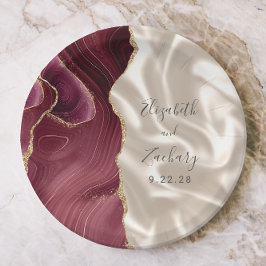 Burgundy Gold Agate Ivory Silk Wedding ペーパープレート