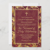 Burgundy & Gold Autumn Leaves Catholic Wedding 招待状 (正面)
