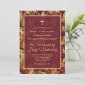 Burgundy & Gold Autumn Leaves Catholic Wedding 招待状 (スタンド正面)