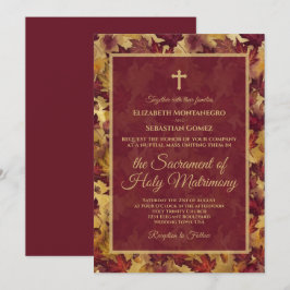 Burgundy & Gold Autumn Leaves Catholic Wedding 招待状
