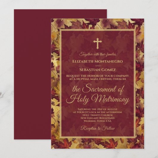 Burgundy & Gold Autumn Leaves Catholic Wedding 招待状 (正面/裏面)