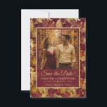 Burgundy & Gold Autumn Leaves & Photo Wedding セーブザデート<br><div class="desc">These beautiful wedding save the date cards feature your photo on a rustic boho chic watercolor background with leaves and foliage in shades of burgundy and gold. The caption reads: Save the Date in elegant script lettering. There is space for your names, the wedding date & location below. Perfect for...</div>