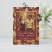 Burgundy & Gold Autumn Leaves & Photo Wedding セーブザデート (スタンド正面)