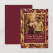 Burgundy & Gold Autumn Leaves & Photo Wedding セーブザデート (正面/裏面)