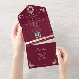 Burgundy Gold Baroque All-in-One Wedding Invite オールインワン招待状
