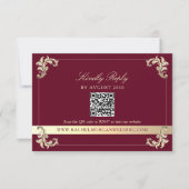 Burgundy Gold Baroque QR Code Wedding 出欠カード (正面)
