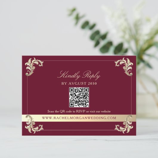 Burgundy Gold Baroque QR Code Wedding 出欠カード (スタンド正面)