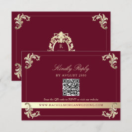 Burgundy Gold Baroque QR Code Wedding 出欠カード