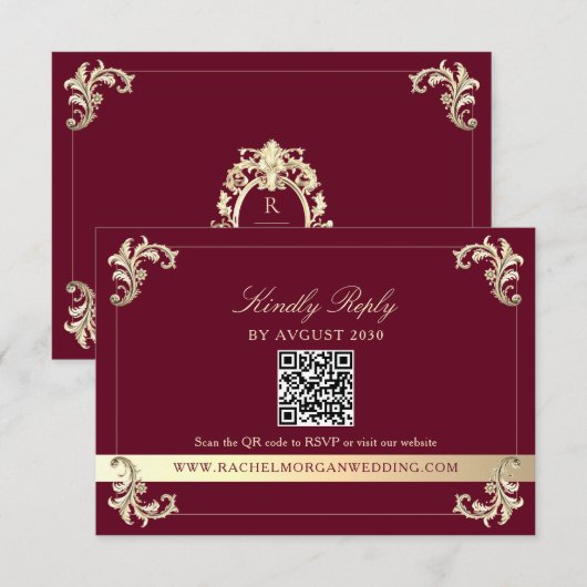 Burgundy Gold Baroque QR Code Wedding 出欠カード (正面/裏面)