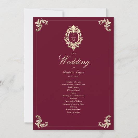 Burgundy Gold Baroque Wedding Ceremony Program (正面)
