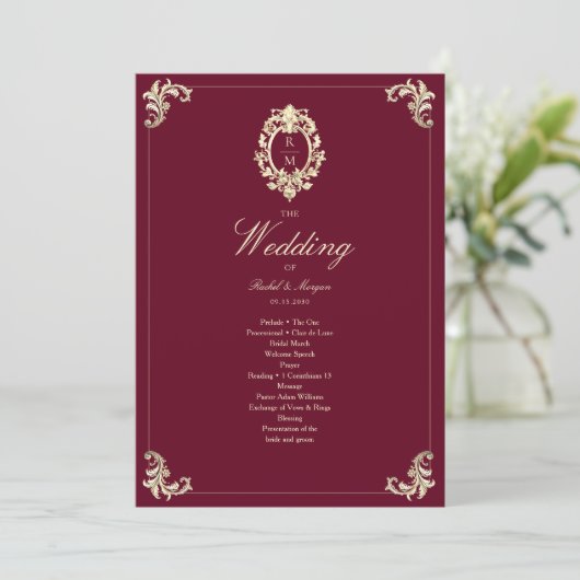 Burgundy Gold Baroque Wedding Ceremony Program (スタンド正面)